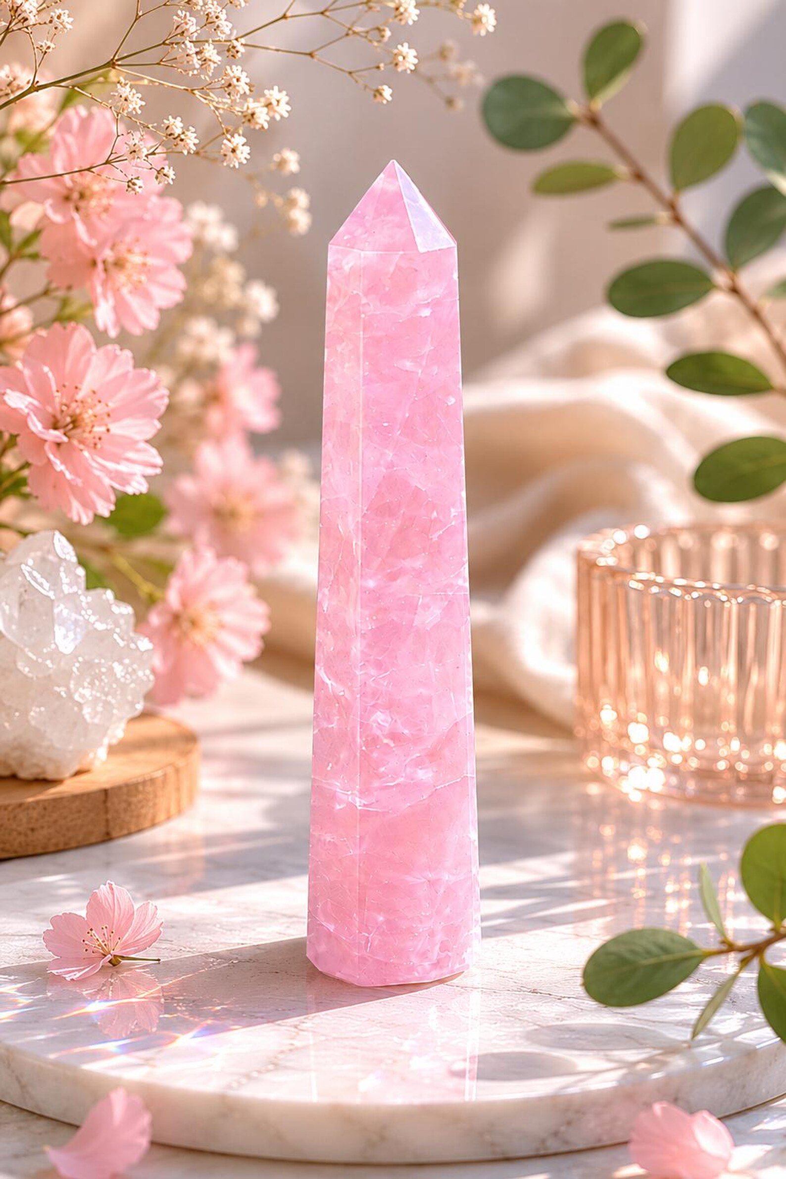 Natural Rose Quartz Crystal Tower | Polished Heart Chakra Healing Point